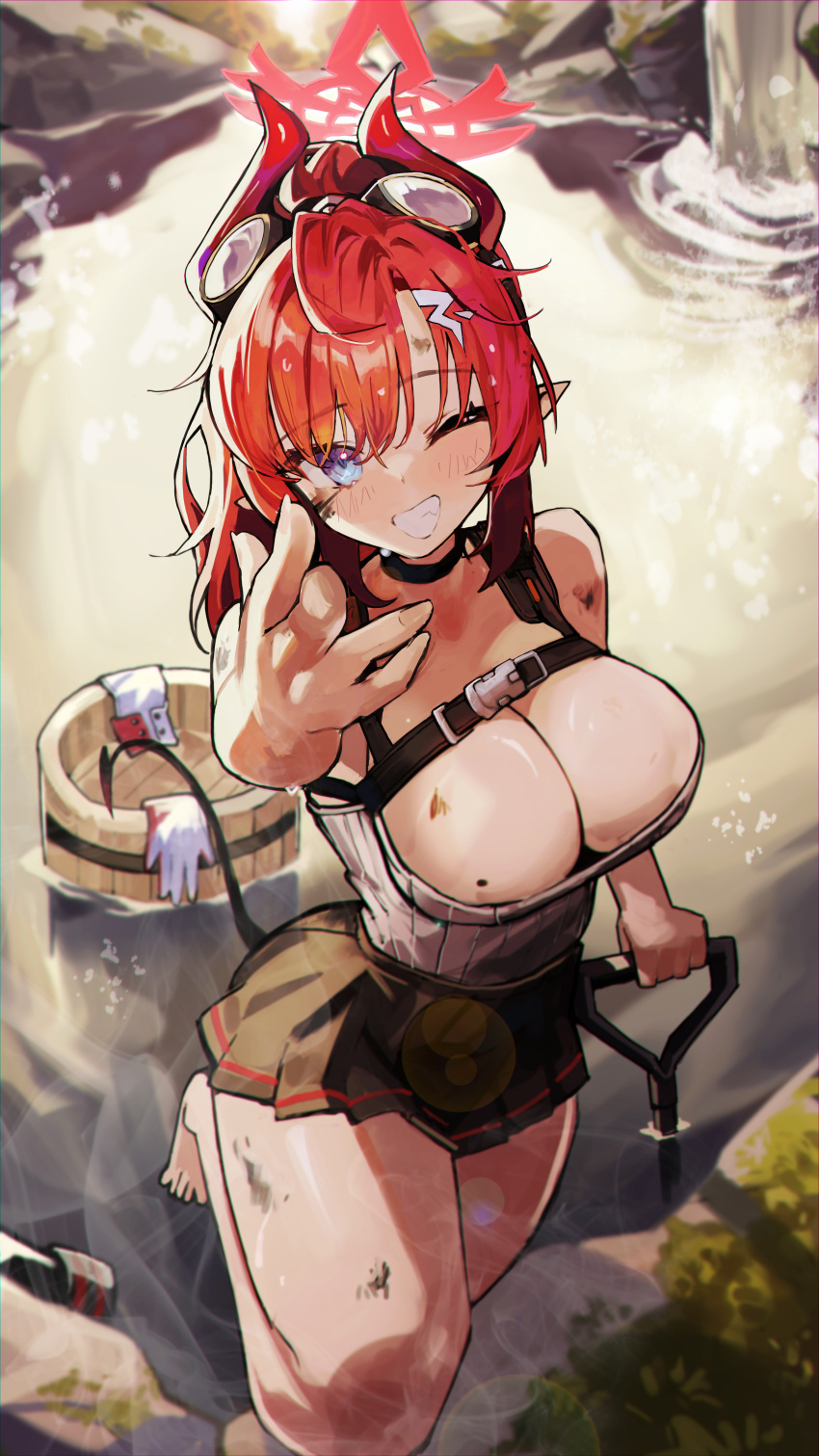 1girl absurdres black_choker blue_archive blue_eyes blush breasts bucket choker cleavage clenched_teeth demon_tail goggles goggles_on_head halo highres horns large_breasts megu_(blue_archive) one_eye_closed pointy_ears red_hair red_halo red_horns renn_01 short_hair smile solo standing tail teeth thighs water