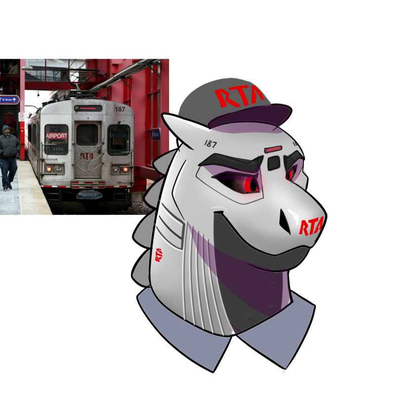 absurd_res anthro baseball_cap belly black_belly black_sclera clothing dragon eyebrows greater_cleveland_regional_transit_authority grey_clothing grey_hat grey_headwear hat headgear headwear hi_res horn how_to_dragon_your_train hybrid living_machine living_train living_vehicle locomorph locomotive machine male markings metallic_body number photo public_transportation rail_transit rapid_transit red_eyes red_markings reptile rta_rapid_transit scalie silver_body simple_background solo spd_bird spikes tokyu_car_corporation train urban_rail_transit vehicle white_background