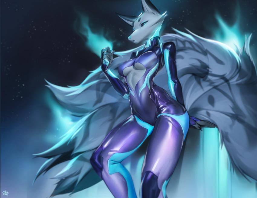 anthro blue_nose canid cheek_tuft clothed clothing facial_tuft female fur grey_tail hi_res latex_clothing mammal mouth_closed multi_tail narrowed_eyes purple_clothing shermugi solo standing tail tuft white_body white_fur