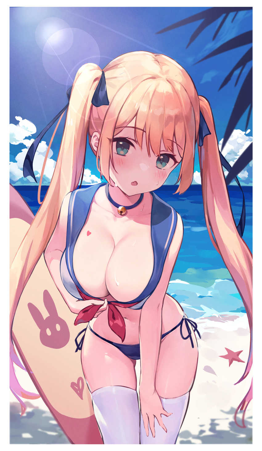 1girl :o absurdres ass_visible_through_thighs bare_arms bare_shoulders beach bell bent_over bikini blonde_hair blue_bikini blue_choker blue_eyes blue_sailor_collar bow breasts choker cleavage cowboy_shot day hair_bow hair_ribbon hand_on_own_thigh heart highres jingle_bell large_breasts leaning_forward long_hair looking_at_viewer mr_arme navel neckerchief open_mouth original outdoors revision ribbon sailor_bikini sailor_collar side-tie_bikini_bottom skindentation solo standing stomach string_bikini sunlight surfboard swimsuit thigh_gap thighhighs thighs twintails very_long_hair wet white_bikini white_thighhighs