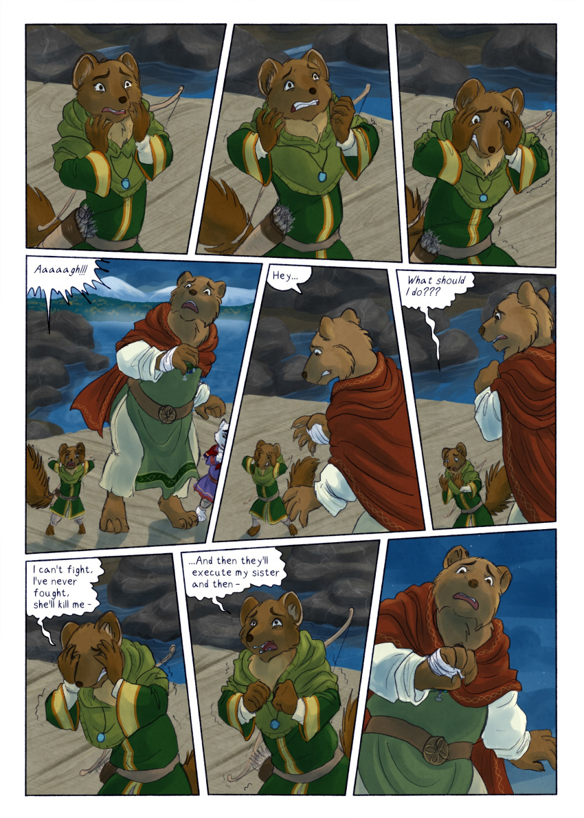 2021 absurd_res ambiguous_gender anthro arctic_fox bear biped bjekkergauken bow_(weapon) brown_bear brown_body brown_fur brown_tail canid canine capreoline clothed clothing colored comic day deer dialogue dialogue_box dock english_text female fox fur green_clothing group gulonine hi_res hillevi male mammal marten melee_weapon moose mustelid musteline outside pine_marten polearm ranged_weapon red_cloak shirin_(bjekkergauken) size_difference spear speech_bubble tail text trio unni_(bjekkergauken) ursine weapon white_body white_fur