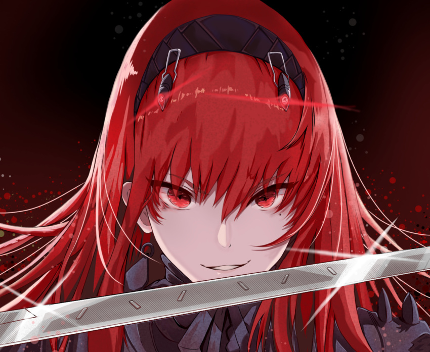 1girl absurdres black_hairband hair_between_eyes hair_ornament hairband headgear highres hikkio long_hair parted_lips punishing:_gray_raven red_eyes red_hair sword vera_(punishing:_gray_raven) weapon