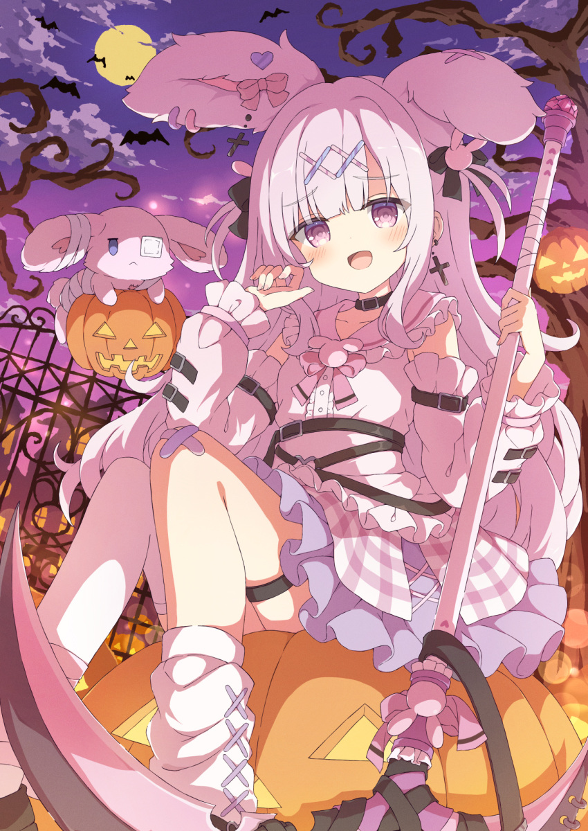 1girl animal animal_ears asymmetrical_legwear bat_(animal) black_straps blunt_bangs blush bow commission detached_sleeves dutch_angle eyepatch frilled_skirt frills hair_bow hair_ornament hairpin halloween highres holding holding_scythe jack-o'-lantern juliet_sleeves long_hair long_sleeves looking_at_viewer mismatched_legwear night open_mouth original outdoors pink_hair puffy_sleeves purple_eyes rabbit rabbit_ears rabbit_girl scythe short_twintails sidelocks single_thighhigh sitting skeb_commission skirt strap thighhighs tube_socks twintails tyakomes variant_set x_hair_ornament