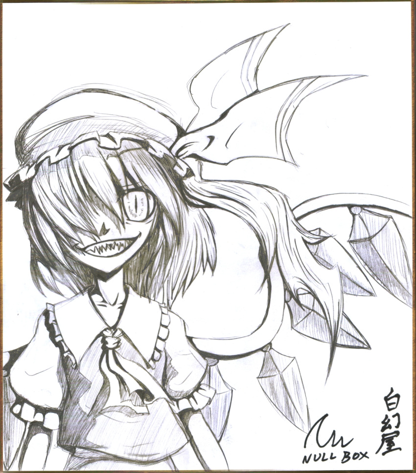 1girl ascot collared_shirt cowboy_shot crazy_eyes crazy_smile crystal flandre_scarlet frilled_shirt_collar frilled_sleeves frills graphite_(medium) greyscale hair_over_one_eye hat highres long_hair mob_cap monochrome null_(hakugenya) one_side_up puffy_short_sleeves puffy_sleeves sharp_teeth shirt short_sleeves skirt smile solo teeth touhou traditional_media vest wings