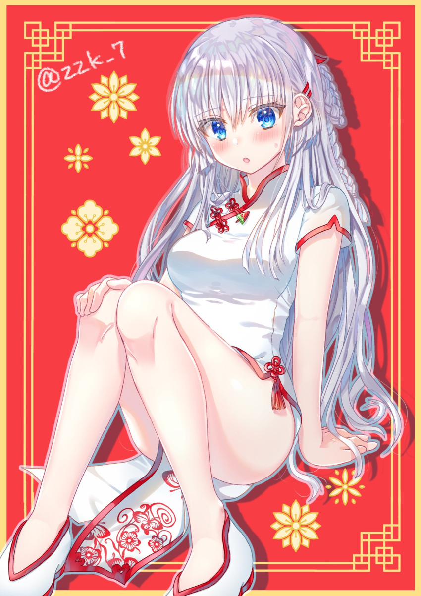 1girl arm_at_side arm_support blue_eyes blunt_ends blush braid breasts china_dress chinese_clothes commentary_request commission curvy dress eyelashes eyes_visible_through_hair feet_out_of_frame hair_between_eyes hair_ornament hairclip hand_on_own_thigh highres knees_together_feet_apart knees_up legs long_hair looking_at_viewer medium_breasts naruse_shiroha open_mouth red_background red_tassel short_sleeves shy sidelocks simple_background single_braid sitting skeb_commission solo summer_pockets sweatdrop thighs twitter_username very_long_hair white_dress white_footwear white_hair zuzuhashi