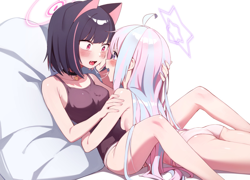 2girls absurdres after_kiss ahoge animal_ears ass black_choker black_hair black_tank_top blue_archive blue_hair blush cat_ears choker eye_contact fang halo hand_on_another's_cheek hand_on_another's_face hand_on_another's_head highres kazusa_(blue_archive) long_hair looking_at_another multicolored_hair multiple_girls open_mouth panties pink_hair pink_panties purple_eyes red_eyes reisa_(blue_archive) saliva saliva_trail short_hair tank_top tongue tongue_out topless two-tone_hair underwear whonyang yuri