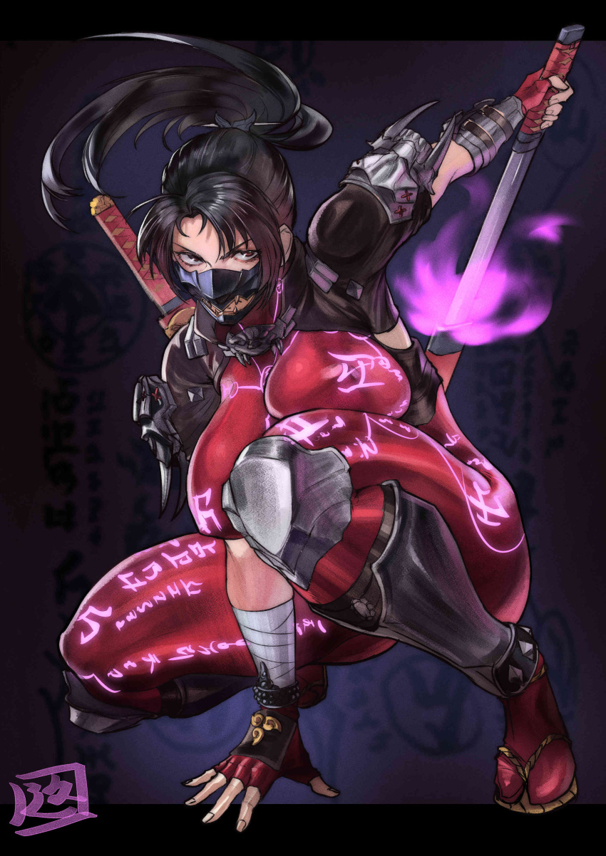 1girl absurdres black_hair bodysuit breasts brown_eyes chinese_commentary clothes_writing commentary fingerless_gloves gloves highres impossible_bodysuit impossible_clothes juaag_acgy large_breasts long_hair mask mouth_mask ninja ninjatou ponytail red_bodysuit sheath sheathed shin_guards short_sword shoulder_guard skin_tight solo soulcalibur squatting sword sword_on_back tabi taki_(soulcalibur) weapon weapon_on_back