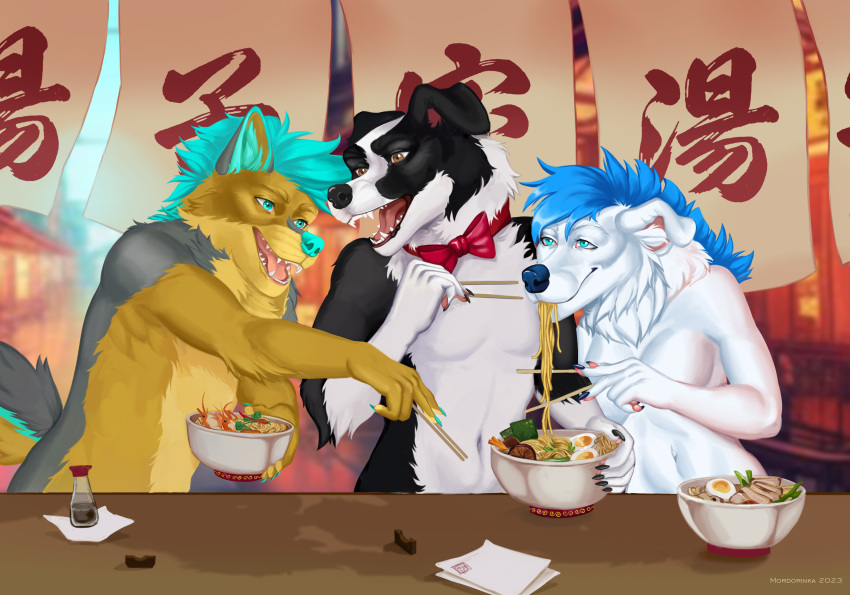 absurd_res blue_eyes blue_hair bowl canid canine canis chopsticks container domestic_dog eating female food fur group hair hi_res male mammal mordorinka noodles open_mouth restaurant spitz text tongue trio wolf