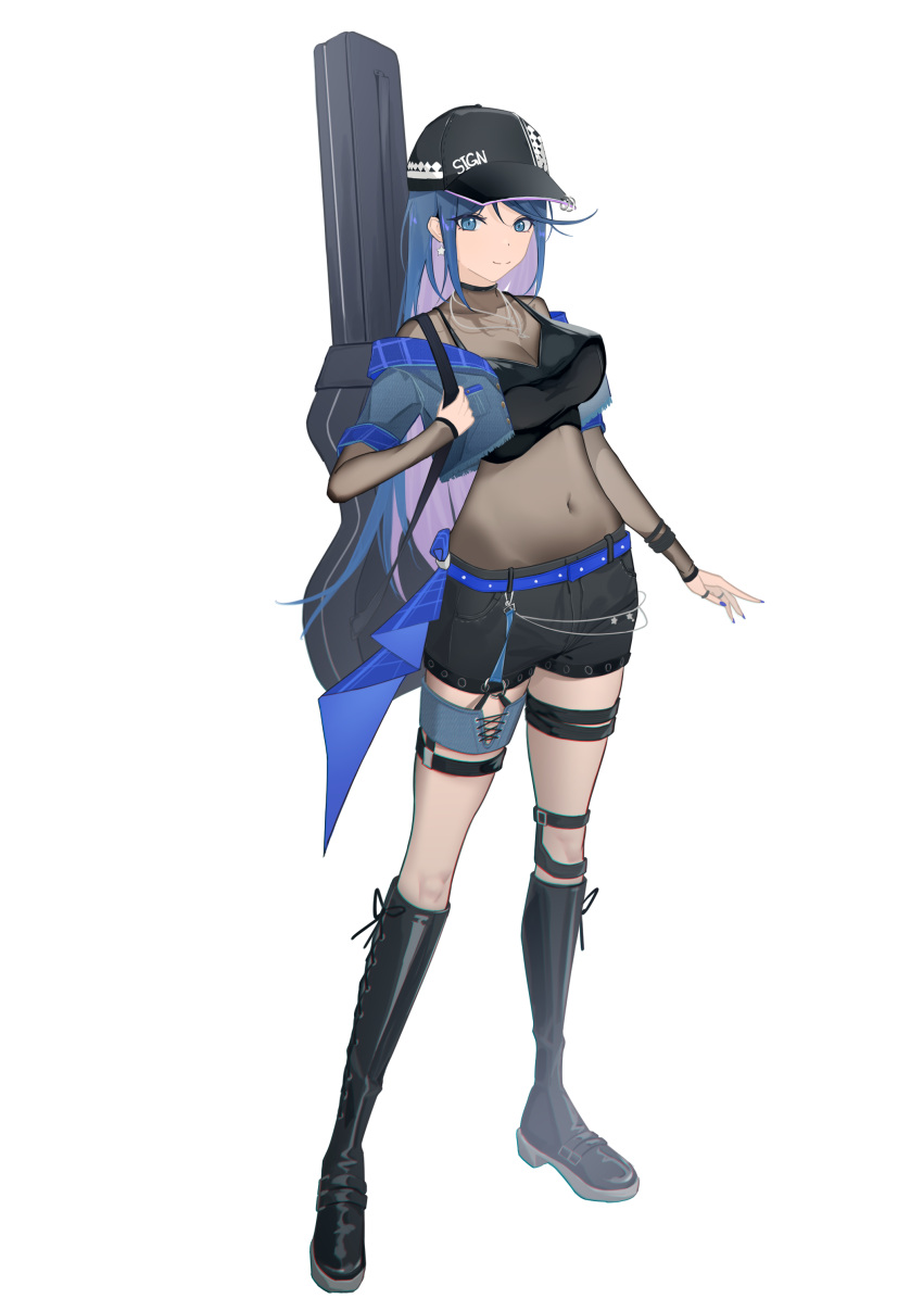 1girl absurdres baseball_cap black_footwear black_headwear black_shorts blue_eyes blue_hair bodystocking boots breasts camisole colored_inner_hair commentary_request covered_navel cropped_jacket denim denim_jacket guitar_case hat highres hoshino_ichika_(project_sekai) instrument_case jacket large_breasts long_hair looking_at_viewer multicolored_hair off_shoulder open_clothes open_jacket project_sekai purple_hair schrodinger_de_miao_m short_shorts shorts solo spaghetti_strap thigh_strap thighs very_long_hair