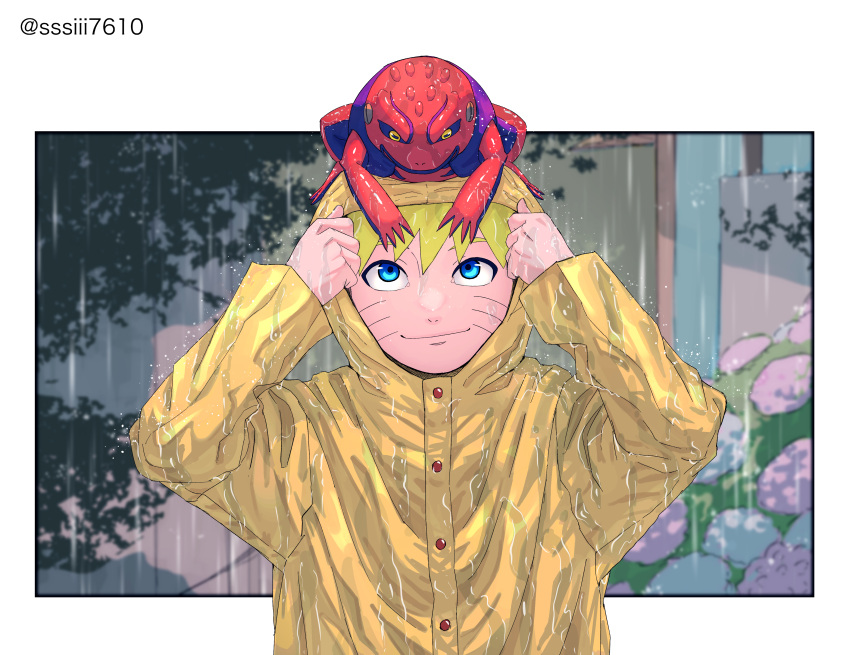 1boy absurdres blonde_hair blue_eyes facial_mark gamakichi_(naruto) highres hood hood_up male_focus naruto naruto_(series) rain raincoat short_hair smile sssiii7610 toad_(animal) uzumaki_naruto wet wet_clothes whisker_markings yellow_raincoat