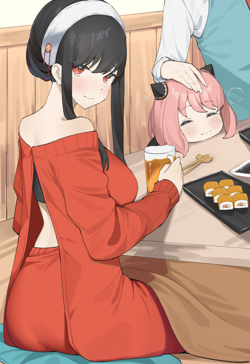 1boy 2girls absurdres alcohol anya_(spy_x_family) back_cutout beer beer_mug black_hair blue_vest byeon_dha chopsticks closed_mouth clothing_cutout cup eating food hairband hairpods highres looking_at_viewer mug multiple_girls pink_hair red_eyes red_sweater spy_x_family sushi sweater twilight vest white_hairband yor_briar