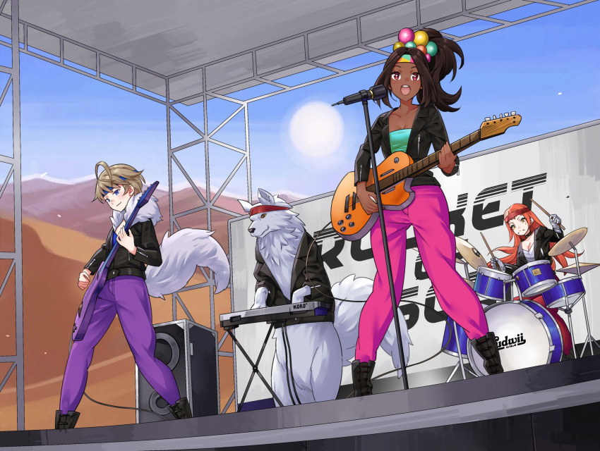 1other 3girls black_jacket contemporary dark-skinned_female dark_skin desert drum fire_emblem fire_emblem_engage guitar highres igni_tion instrument jacket merrin_(fire_emblem) multiple_girls panette_(fire_emblem) pants pink_pants purple_pants red_pants rock_band stage star-shaped_pupils star_(symbol) symbol-shaped_pupils tail timerra_(fire_emblem) wolf wolf_tail