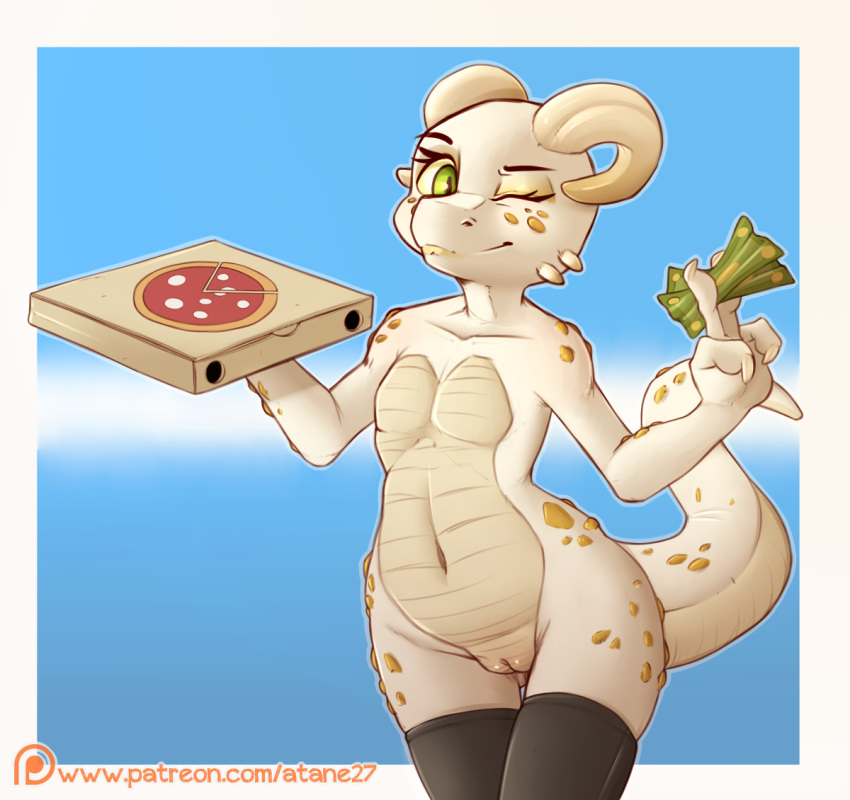 2019 anthro atane27 banknote blue_background border claws clothed clothing curled_horn delivery_(commerce) delivery_employee eyelashes featureless_chest female flat_chested food_carrier food_delivery front_view genitals green_eyes holding_money holding_object holding_pizza_box horn kobold legs_together legwear looking_at_viewer money mostly_nude navel one_eye_closed ora_(peewee) outline pizza_box pizza_delivery pizza_delivery_carrier portrait pupils pussy scalie simple_background slit_pupils smile solo standing text thigh_gap thigh_highs thigh_highs_only three-quarter_portrait topless url white_border white_claws white_horn wide_hips wink winking_at_viewer