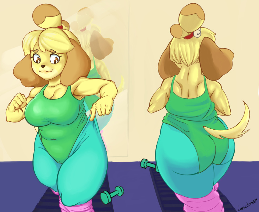 80's_theme absurd_res animal_crossing anthro big_breasts big_butt breasts butt camel_toe canid canine canis cursedone029 domestic_dog exercise female hi_res isabelle_(animal_crossing) mammal nintendo slightly_chubby solo thick_thighs workout workout_clothing