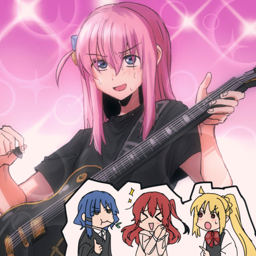 &gt;_&lt; 4girls ahoge black_shirt blonde_hair blue_eyes blue_hair blush bocchi_the_rock! bow closed_eyes cube_hair_ornament electric_guitar gibson_les_paul gotou_hitori guitar hair_between_eyes hair_ornament highres holding holding_instrument holding_plectrum ijichi_nijika instrument kita_ikuyo long_hair long_sleeves multiple_girls one_side_up open_mouth pink_hair plectrum red_bow red_hair shirt shizune_(sznxb) short_sleeves side_ponytail sidelocks smile sparkle sweatdrop t-shirt white_shirt yamada_ryou