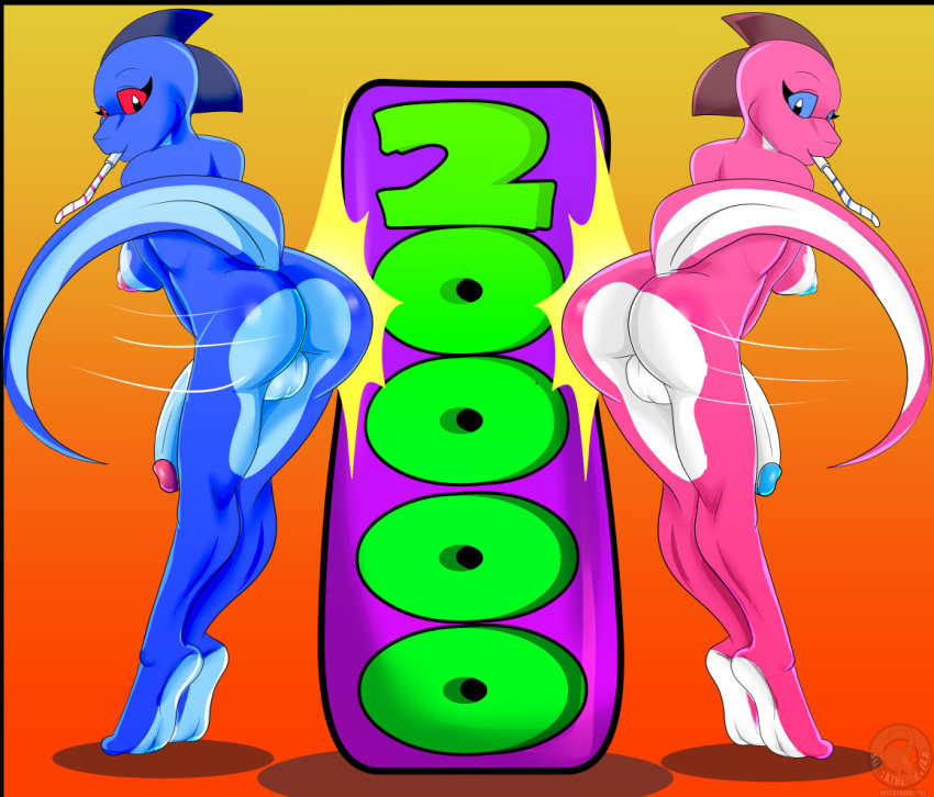 2018 20000 2000_(subs) achievement alternate_color anthro areola balls big_breasts big_penis blue_areola blue_body blue_eyes blue_glans blue_nipples blue_scales blue_skin breasts butt butt_bump celebration digital_media_(artwork) duo genitals glans gradient_background gynomorph herm_(lore) hip_check intersex june_(justathereptile) justathereptile komodo_dragon lizard looking_at_viewer milestone monitor_lizard motion_lines nipples non-mammal_breasts nude number orange_background party_horn penis pink_areola pink_glans pink_nipples raised_tail red_eyes reptile scales scalie scutes simple_background smile standing_on_toes tail watermark yellow_background