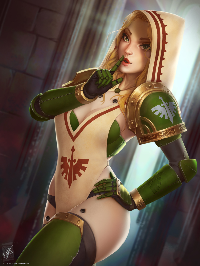 1girl adeptus_astartes armor bikini_armor blonde_hair boots breasts brown_hood cleavage dark_angels finger_to_mouth green_eyes hand_on_own_hip highres index_finger_raised lips lipstick long_hair looking_at_viewer makeup open_mouth pauldrons red_lips shoulder_armor shushing smile solo space_marine tabard themaestronoob thigh_boots warhammer_40k