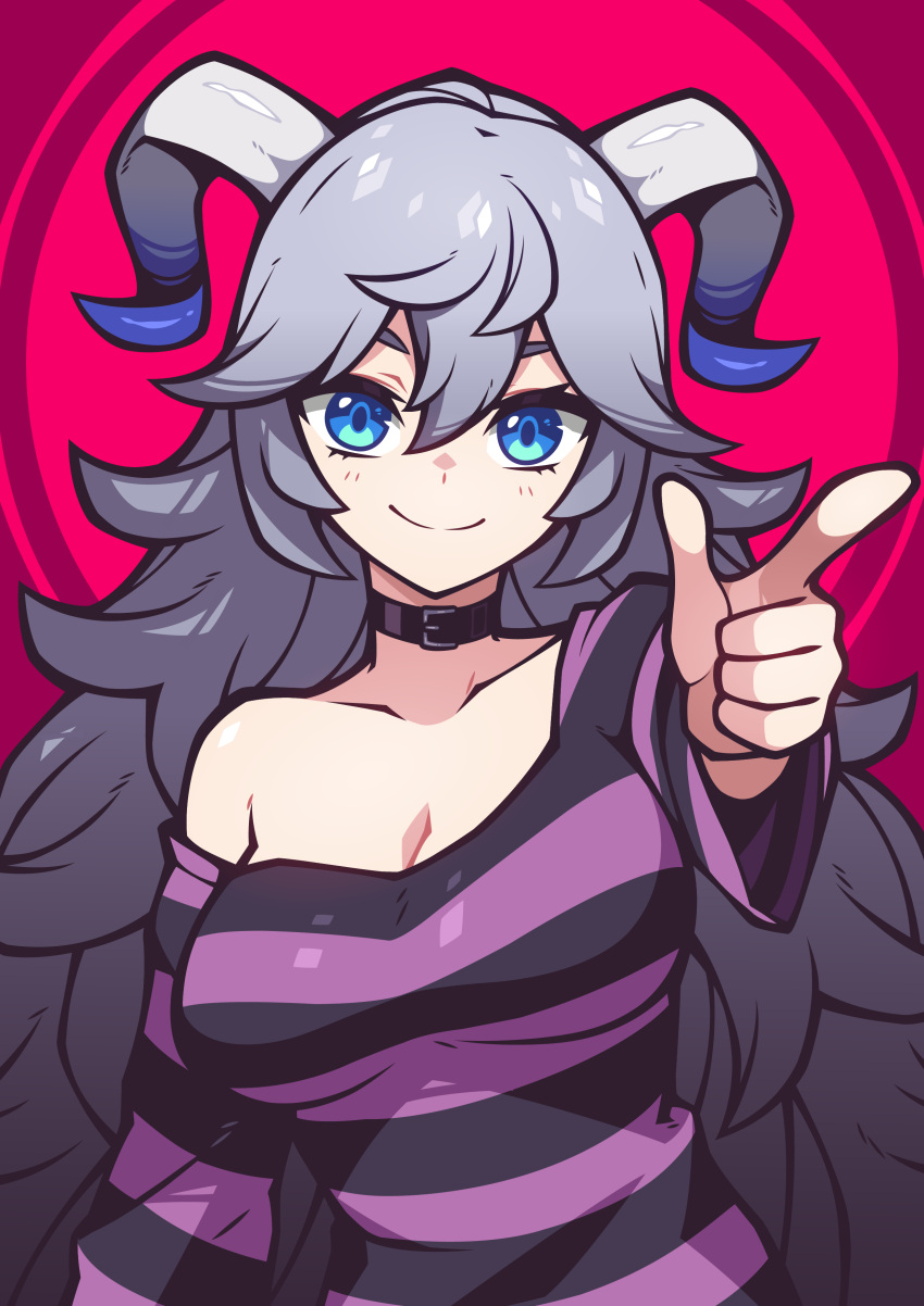 1girl absurdres bacon_strips black_shirt blue_eyes breasts choker cleavage collarbone commission grey_hair highres horns long_hair long_sleeves medium_breasts multicolored_shirt original pointing pointing_at_viewer purple_shirt shirt solo striped striped_shirt