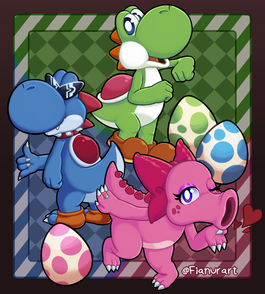 &lt;3 absurd_res birdo blowing_kiss blue_body blue_eyes blue_scales boshi claws diamond_ring dinosaur egg eyeshadow female fianurart green_body green_scales hi_res makeup male mario_bros nintendo pink_body pink_eyeshadow pink_scales purple_eyes reptile ring_(jewelry) scales scalie signature super_mario_rpg_legend_of_the_seven_stars white_body white_scales yoshi yoshi's_island yoshi_(character) yoshi_egg