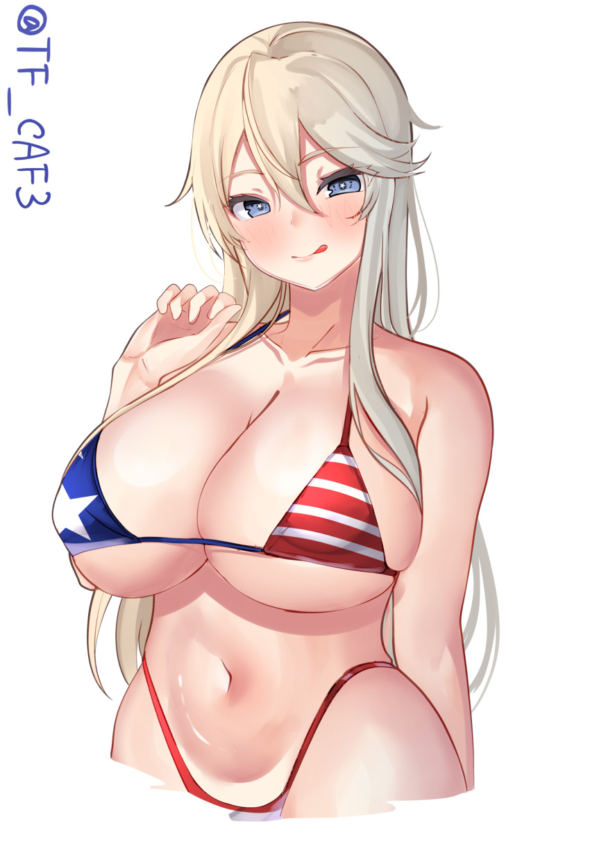 1girl american_flag_bikini bare_shoulders bikini blonde_hair blue_bikini blue_eyes breasts collarbone covered_nipples flag_print hair_between_eyes hand_up highleg highleg_bikini highres huge_breasts iowa_(kancolle) kantai_collection licking_lips long_hair looking_at_viewer multicolored_bikini multicolored_clothes navel one-hour_drawing_challenge red_bikini simple_background skindentation solo star-shaped_pupils star_(symbol) string_bikini swimsuit symbol-shaped_pupils tf_cafe tongue tongue_out twitter_username underboob very_long_hair white_background white_bikini