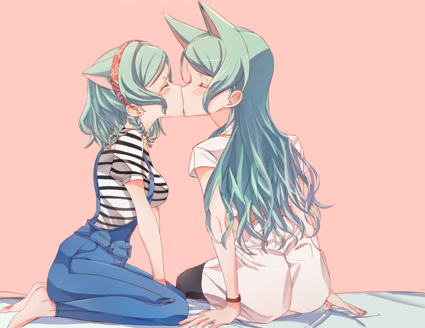 2girls absurdres animal_ears aqua_hair bang_dream! bead_necklace beads bed_sheet black_pantyhose blue_overalls blush bow bracelet brain breasts chinese_commentary closed_eyes dress framed_breasts hair_bow headband highres hikawa_hina hikawa_sayo incest jewelry junjun_(kimi-la) kiss long_hair medium_breasts medium_hair mixed-language_commentary multiple_girls necklace overalls pantyhose red_headband shirt siblings sisters striped striped_shirt twincest twins white_dress yuri