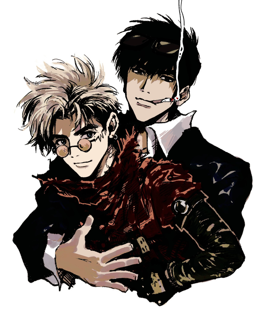 2boys black_eyes black_gloves black_hair black_jacket blonde_hair cigarette closed_mouth collared_shirt glasses gloves highres hug hug_from_behind jacket long_sleeves looking_at_viewer male_focus mole mole_under_eye mouth_hold multiple_boys my_nameisyoon nicholas_d._wolfwood red_jacket round_eyewear shirt short_hair simple_background smoking trigun upper_body vash_the_stampede white_background white_shirt