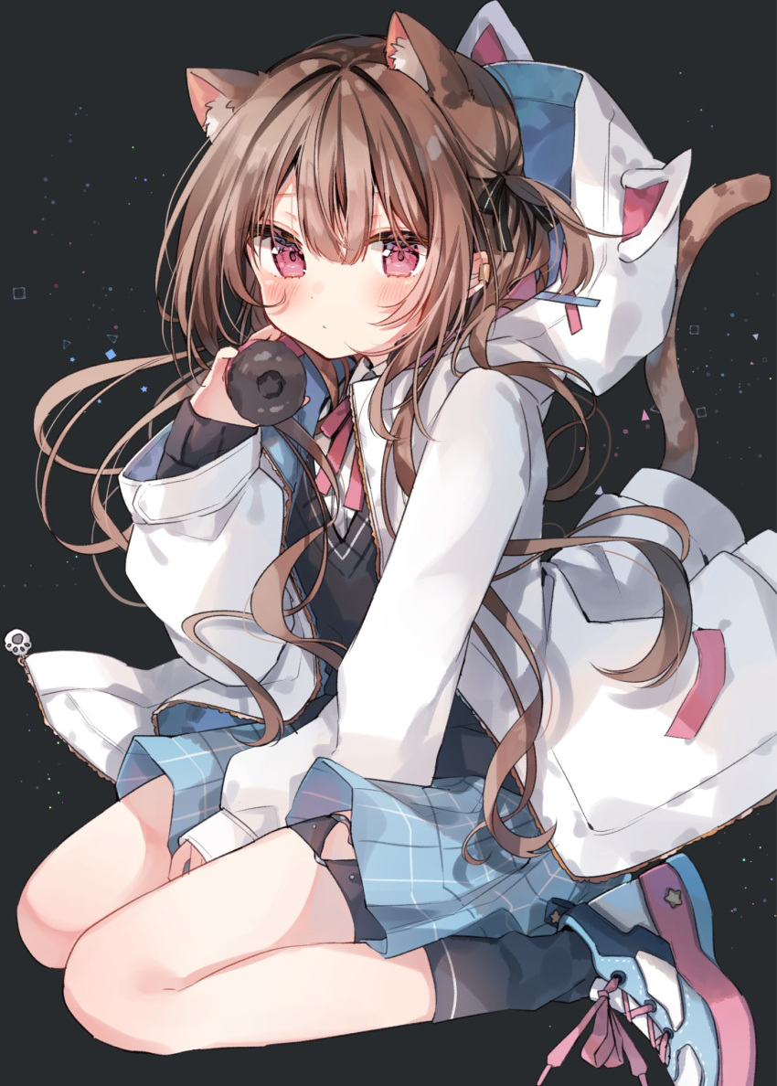 1girl animal_ear_fluff animal_ears blue_footwear blue_skirt brown_hair cat_ears full_body hand_up heripiro highres holding hood hooded_jacket jacket long_hair neck_ribbon original red_eyes red_ribbon ribbon sitting skirt solo tail wariza