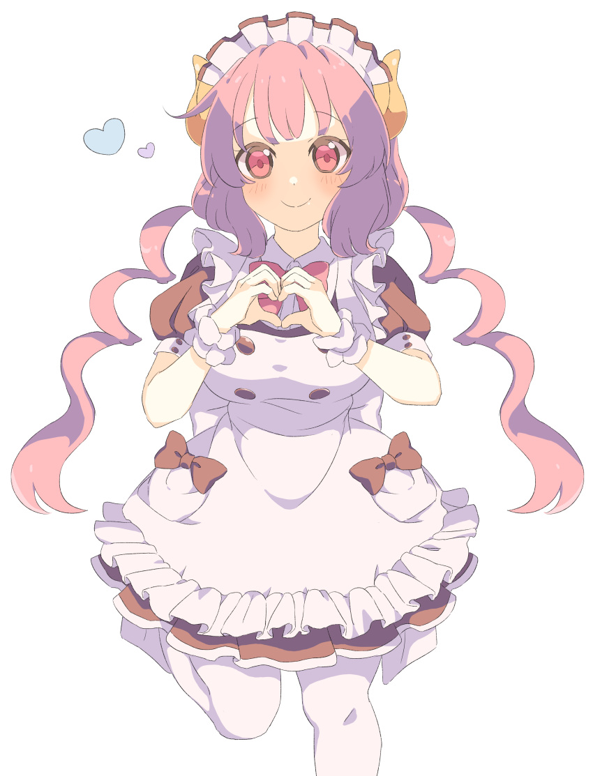 1girl absurdres anyadesu_yo apron black_dress bow bowtie breasts closed_mouth commentary_request dragon_girl dragon_horns dress drill_hair feet_out_of_frame foot_up frilled_apron frills heart heart_hands heart_hands_duo highres horns huge_breasts ilulu_(maidragon) kobayashi-san_chi_no_maidragon long_hair maid_apron maid_headdress pantyhose puffy_short_sleeves puffy_sleeves red_bow red_bowtie red_eyes red_hair scrunchie short_sleeves simple_background smile solo twintails very_long_hair white_apron white_background white_pantyhose wrist_scrunchie