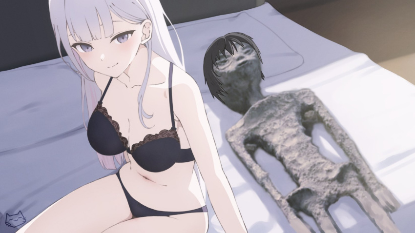 1girl black_underwear guy_tired_after_sex_(meme) highres keihh looking_at_viewer lying meme mexico_ufo_alien_bodies_hearing_(meme) original underwear underwear_only