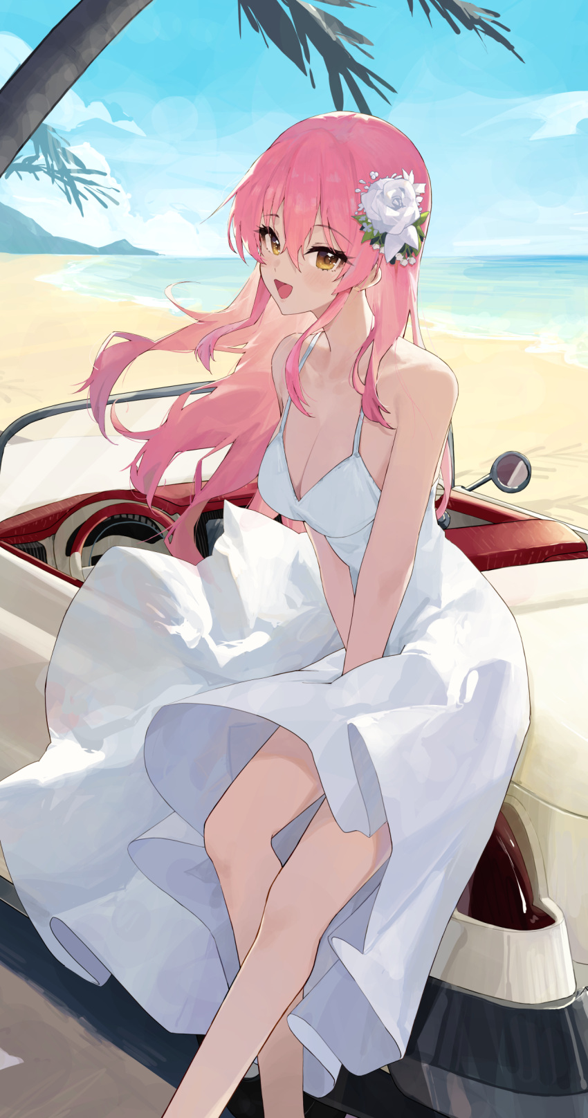 1girl absurdres alternate_costume bare_legs bare_shoulders beach blush breasts car cleavage dress feet_out_of_frame floating_hair flower hair_between_eyes hair_flower hair_ornament highres idolmaster idolmaster_cinderella_girls jougasaki_mika looking_at_viewer medium_breasts motor_vehicle ningen_gokko outdoors pink_hair sleeveless sleeveless_dress smile solo white_dress