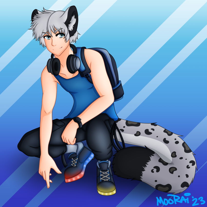 2023 absurd_res animal_humanoid backpack blue_eyes clock clothing crouching felid felid_humanoid feline feline_humanoid fluffy fluffy_tail hair headphones headphones_around_neck heelys hi_res humanoid male mammal mammal_humanoid markings moo_rai pantherine pantherine_humanoid pattern_background rai_(moo_rai) shirt silver_hair simple_background snow_leopard snow_leopard_humanoid solo spots spotted_markings spotted_tail sweatpants tail tail_markings tank_top topwear watch