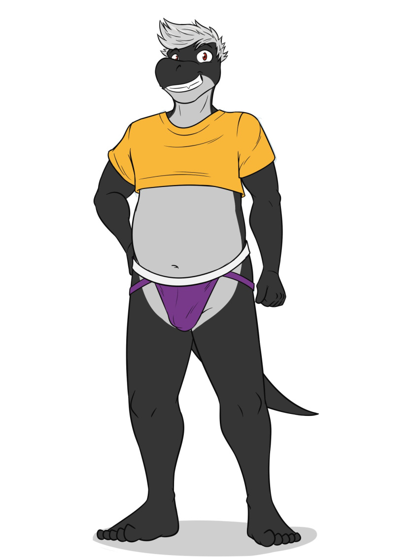 anthro barefoot bulge clothed clothing crop_top dragon feet full-length_portrait fuze grin hi_res jockstrap male midriff navel pantsless portrait scale_shine scalie shirt simple_background slightly_chubby smile solo topwear underwear white_background
