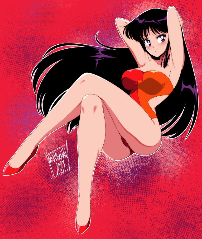 1girl 2023 armpits arms_behind_back arms_behind_head back_cutout bare_shoulders bishoujo_senshi_sailor_moon black_hair blush clothing_cutout crossed_legs danmakuman dated full_body high_heels highleg highleg_swimsuit highres hino_rei long_hair multicolored_clothes multicolored_swimsuit official_alternate_costume one-piece_swimsuit purple_eyes red_background red_footwear signature solo strapless_one-piece_swimsuit swimsuit