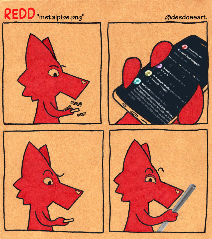 ambiguous_gender anthro canid canine canis cardboard comic deedoss fox hi_res invalid_tag looking_at_object looking_at_phone looking_at_viewer looking_down mammal meme metal_pipe phone questioning_look redd_(deedoss) scrolling simple_eyes simple_face solo twitter wolf