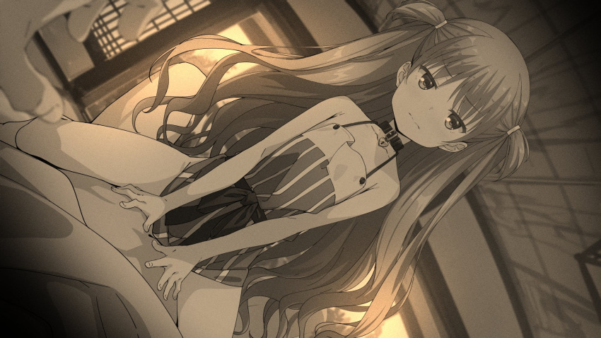 1boy 1girl bare_shoulders choker dress flat_chest girl_on_top greyscale heart heart_choker hetero highres indoors katou_umi long_hair looking_at_viewer monochrome pov schatten sleeveless sleeveless_dress straddling summer_pockets two_side_up wavy_mouth