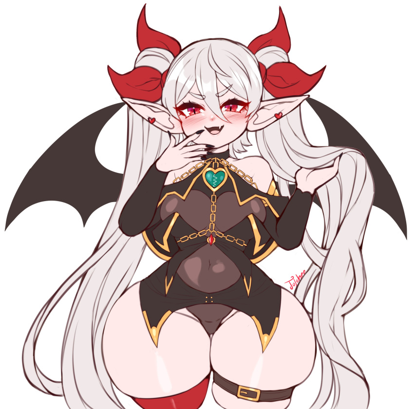 1girl absurdres bare_shoulders bat_wings black_nails bow breasts covered_navel demon_girl demon_girl_(steedoj) demon_wings earrings fang hair_bow heart heart_earrings highres jewelry jojobee large_breasts long_hair long_sleeves looking_at_viewer open_mouth original pointy_ears red_bow red_eyes slit_pupils smile thick_thighs thighhighs thighs twintails very_long_hair white_hair wings