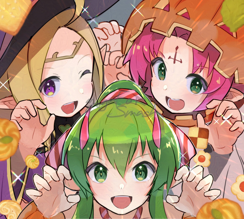 3girls :d ;d ahoge alternate_costume blonde_hair candy claw_pose facial_mark fae_(fire_emblem) fake_horns fire_emblem fire_emblem:_mystery_of_the_emblem fire_emblem:_the_binding_blade fire_emblem_awakening fire_emblem_heroes food forehead_mark green_eyes green_hair hair_between_eyes halloween_costume highres hirotaka_(hrtk990203) horns jack-o'-lantern long_hair looking_at_viewer multiple_girls nowi_(fire_emblem) nowi_(halloween)_(fire_emblem) official_alternate_costume one_eye_closed open_mouth pink_hair pointy_ears ponytail purple_eyes short_hair smile teeth tiki_(fire_emblem) tiki_(young)_(fire_emblem) tiki_(young)_(halloween)_(fire_emblem)