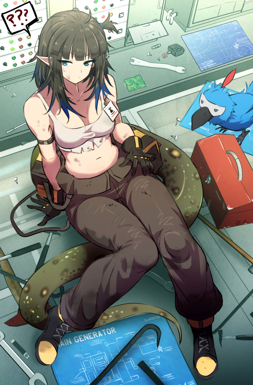 1girl ? absurdres arknights arm_strap bare_shoulders black_footwear black_hair black_pants blue_eyes blunt_bangs boots camisole commentary_request crop_top eunectes_(arknights) eunectes_(forgemaster)_(arknights) high_priest_(arknights) highres looking_at_viewer medium_hair midriff navel one_side_up pants samacho sitting snake_tail solo spoken_question_mark stomach tail