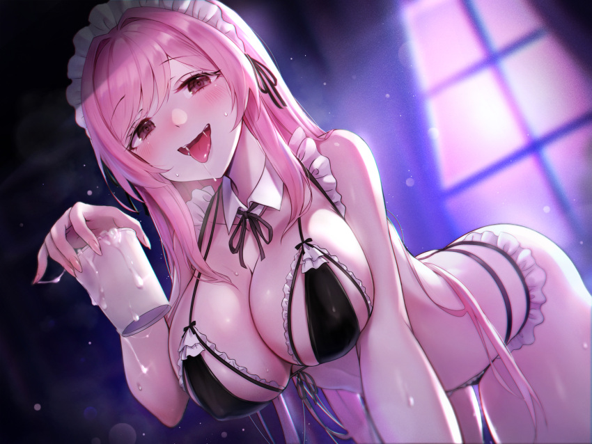 1girl bikini blush breasts brown_hair cleavage cum_in_container cum_in_cup cup detached_collar frilled_bikini_top hand_up highres holding holding_cup kai_(ootamuno12) large_breasts long_hair maid maid_bikini maid_headdress neck_ribbon open_mouth original pink_hair ribbon sideboob solo swimsuit tongue tongue_out unconventional_maid