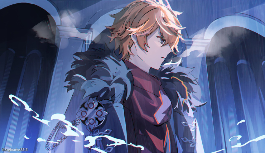1boy artist_name black_shirt blue_eyes closed_mouth coat collared_coat fur-trimmed_coat fur_trim genshin_impact hair_between_eyes highres indoors kukatsuma long_sleeves looking_to_the_side male_focus mask mask_on_head open_clothes open_coat orange_hair red_mask red_scarf scarf shirt short_hair solo standing steam tartaglia_(genshin_impact) white_coat