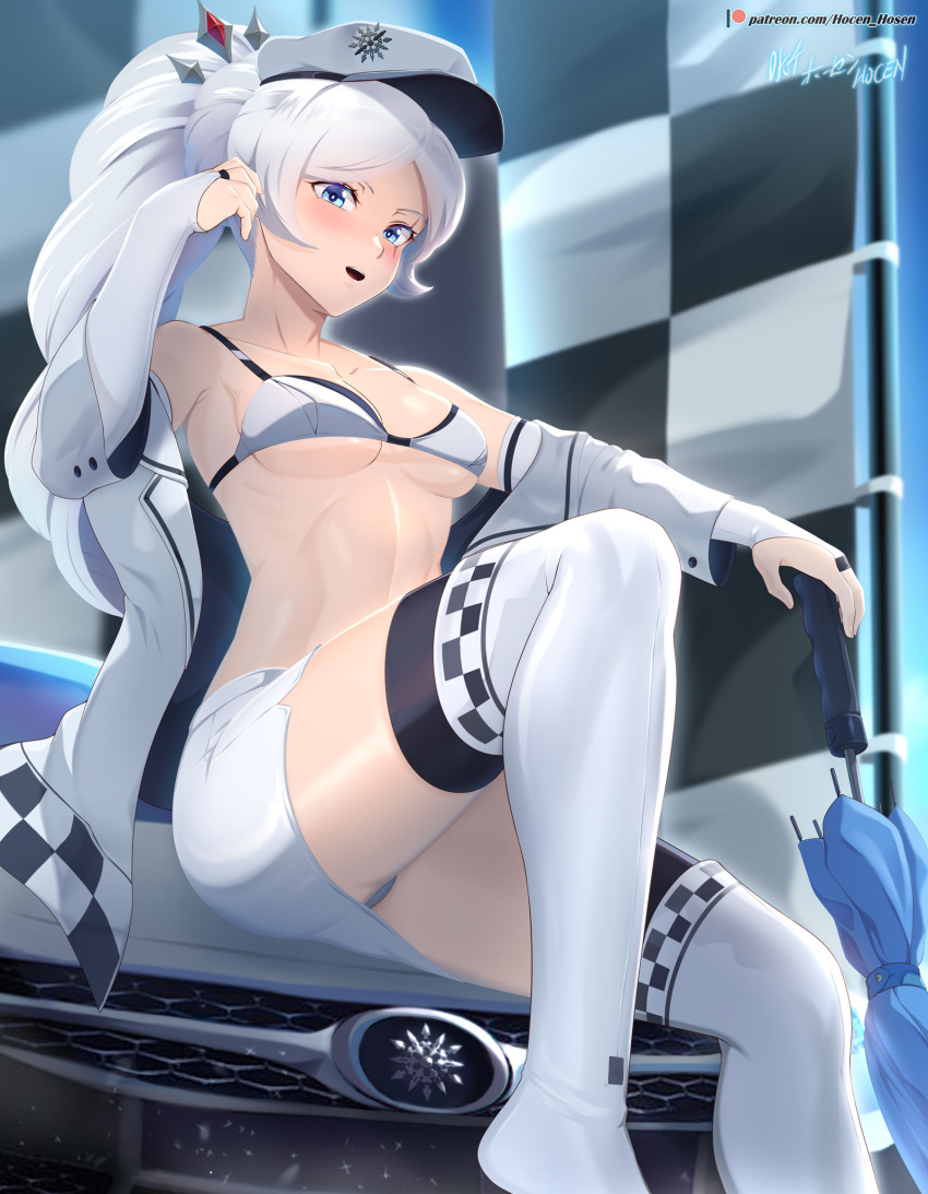 1girl alternate_costume bikini bikini_top_only blue_eyes braid braided_ponytail breasts bridal_gauntlets car checkered_clothes checkered_flag flag hair_ornament hat high_ponytail highres holding holding_umbrella jacket long_hair looking_at_viewer midriff miniskirt motor_vehicle off_shoulder on_vehicle open_mouth panties panty_peek peaked_cap race_queen rwby scar scar_across_eye scar_on_face short_shorts shorts sitting skirt small_breasts snowflake_print solo swimsuit thighhighs thighs tiara umbrella underwear very_long_hair vilde_loh_hocen weiss_schnee white_hair white_jacket white_skirt white_thighhighs