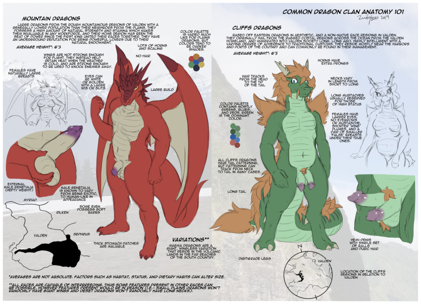 2019 2_penises animal_genitalia animal_penis anthro balls breasts color_swatch colored dragon english_text erection facial_hair female fur genitals green_body hair hemipenes horn long_tail male multi_genitalia multi_penis nude penis pubes red_body scalie signature tail text western_dragon wings zerofox1000