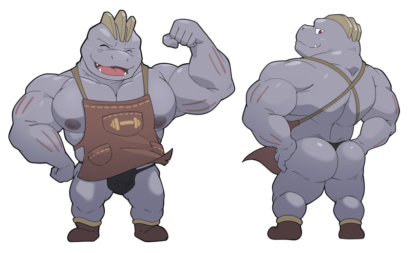 butt clothing generation_1_pokemon hi_res humanoid machoke maldu male muscular muscular_humanoid muscular_male nintendo nipples overalls pecs pokemon pokemon_(species) red_eyes solo