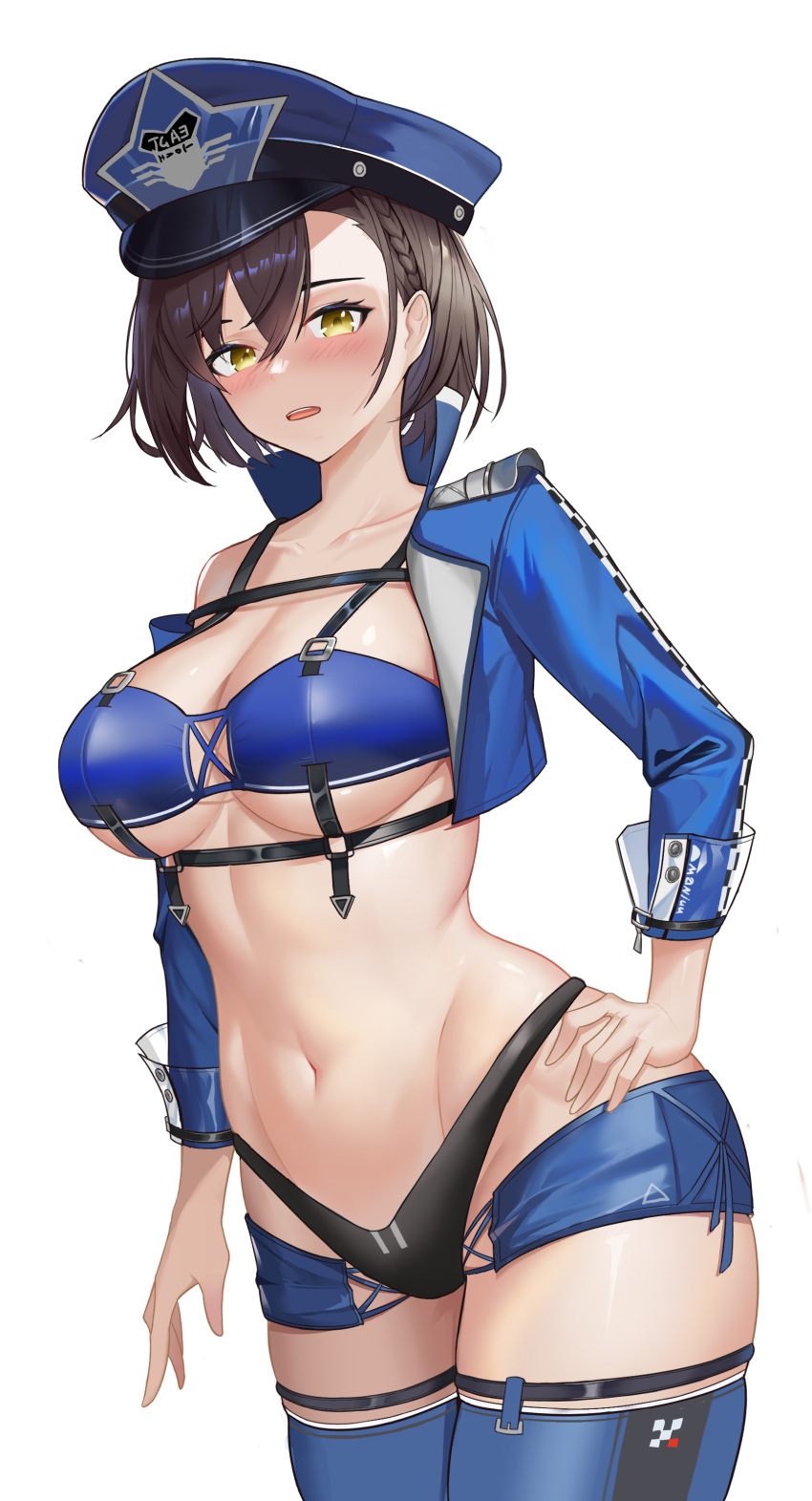 1girl absurdres azur_lane baltimore_(azur_lane) baltimore_(finish_line_flagbearer)_(azur_lane) bikini black_bikini blue_bikini blue_footwear blue_headwear blue_jacket blue_shorts blush boots braid breasts brown_hair chest_harness chinese_commentary choker cleavage collarbone commentary_request cowboy_shot cropped_jacket detached_sleeves french_braid groin hair_between_eyes hand_on_own_hip harness hat highleg highleg_bikini highres jacket large_breasts looking_at_viewer micro_shorts mismatched_bikini navel official_alternate_costume open_mouth peaked_cap race_queen short_hair shorts sidelocks simple_background single_bare_shoulder single_detached_sleeve single_sleeve skindentation solo standing stomach swimsuit teeth thigh_boots underboob upper_teeth_only white_background xue_wu yellow_eyes