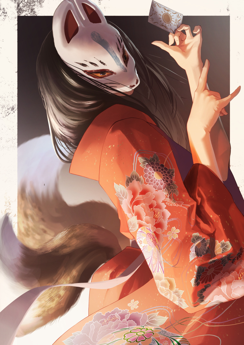 1girl absurdres bani-lizo black_hair brown_background card covered_face cowboy_shot english_commentary facing_viewer floral_print fox_girl fox_mask fox_shadow_puppet fox_tail from_side hands_up highres holding holding_card japanese_clothes kimono long_hair long_sleeves mask mixed-language_commentary multiple_tails obi original outside_border print_kimono red_kimono ribbon sash solo tail wide_sleeves