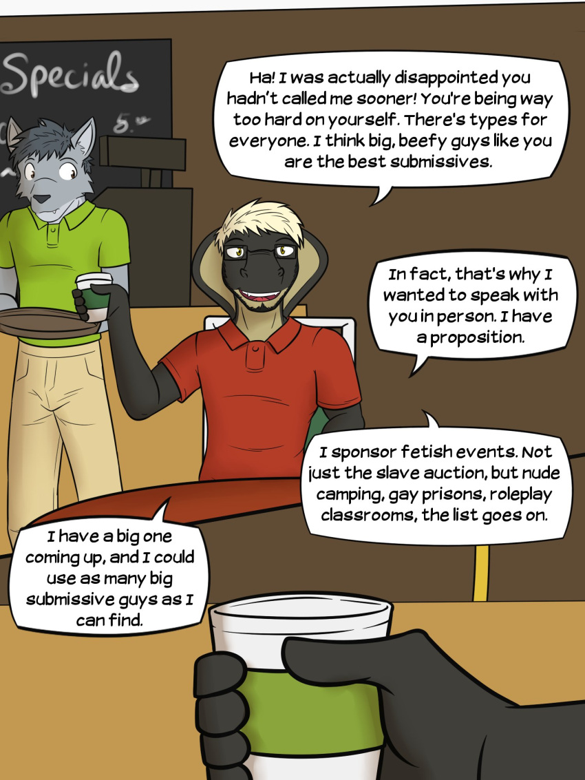 anthro beard beverage bottomwear canid canine canis chair clothed clothing cobra coffee_shop comic container cup dialogue duo english_text eyewear facial_hair fully_clothed furniture fuze glasses group hi_res holding_beverage holding_container holding_cup holding_object male mammal pants percival_(texnatsu) polo_shirt reptile scalie shirt sitting snake texnatsu text topwear waiter wolf