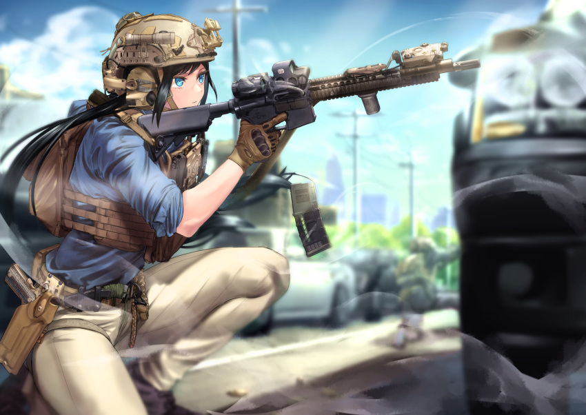 1girl 1other assault_rifle belt black_hair blue_eyes blue_shirt blurry boots brown_gloves chest_rig cloud depth_of_field expressionless from_side gloves gun handgun helmet highres holster long_hair original pants reloading rifle shell_casing shirt smoke solo squatting suppressor tactical_clothes thighs translation_request utility_pole utsucan vest weapon weapon_request