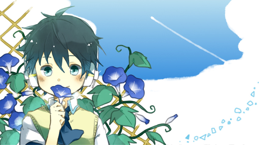 1boy black_hair blue_eyes blue_flower blue_necktie blue_sky blush child cloud collared_shirt day deepvocal flower foliage holding holding_flower kadokoa lattice leaf male_child male_focus morning_glory necktie outdoors school_uniform shirt short_hair short_sleeves sky smile solo sorashido_lemi sweater_vest tan_sweater white_headphones white_shirt