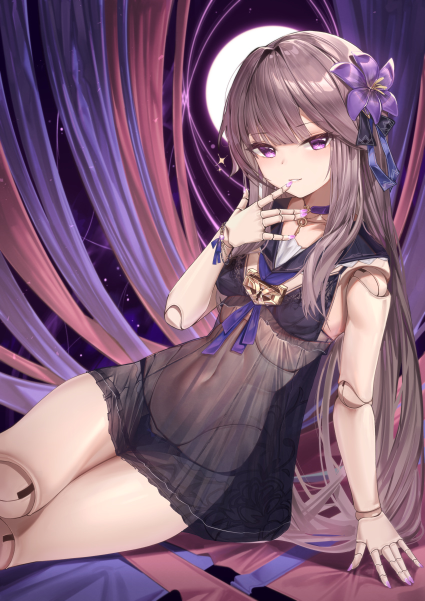 1girl absurdres black_panties brown_hair choker doll_joints flower hair_flower hair_ornament hand_up herta_(honkai:_star_rail) highres honkai:_star_rail honkai_(series) jewelry joints key_necklace lingerie long_hair looking_at_viewer mung_(larnec) necklace panties purple_choker purple_eyes purple_flower solo underwear