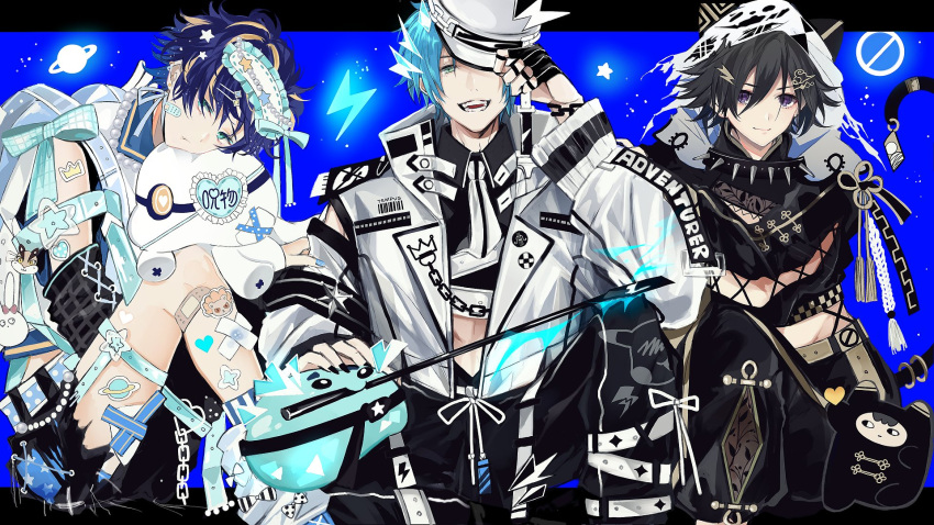 3boys :d alternate_costume animal_hood apolleon aqua_belt aqua_bow aqua_eyes astel_leda asymmetrical_clothes badge bandaid bandaid_on_face bandaid_on_leg belt black_collar black_gloves black_hair black_nails black_pants black_shirt black_sleeves blonde_hair blue_background blue_belt blue_hair blue_nails blue_shorts blue_socks bow button_badge cat_hood cat_tail chain checkered_bow checkered_clothes collar collared_shirt color_connection crop_top cropped_shirt cross-laced_clothes cross-laced_sleeves crown_(artist) detached_sleeves earrings eyepatch feet_out_of_frame fingerless_gloves flower_knot gauze gem gloves green_eyes hair_between_eyes hair_ornament hairclip hand_on_another's_arm hat heart heart_eyepatch highres holding holding_clothes holding_hat holding_stuffed_toy holostars holostars_english hood hood_up jacket jewelry kanade_izuru knee_up knees_up knoll_(astel_leda) leg_belt leg_warmers letterboxed light_particles lightning_bolt_hair_ornament lightning_bolt_symbol long_sleeves looking_at_viewer male_focus midriff mouth_hold multicolored_hair multiple_boys necktie one_eye_covered open_clothes open_jacket outside_border pants peaked_cap pearl_(gemstone) planet polka_dot poruneu print_pants puckered_lips purple_eyes regis_altare riding_crop sailor_collar shards shirt short_hair short_shorts shorts single_glove single_pantsleg sitting sleep_mask sleeves_past_wrists slime_(creature) slit_pupils smile socks spiked_collar spikes star_(symbol) star_animals star_print sticker sticker_on_arm sticker_on_leg streaked_hair striped striped_socks stuffed_toy tail tassel teeth thigh_belt thigh_strap torn_clothes torn_pants virtual_youtuber white_bow white_headwear white_hood white_jacket white_necktie white_sleeves white_socks